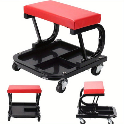 Rolling Mechanic Stool, 100kg Capacity, Soft Creeper Trolley with Tool Tray, 4 Universal Casters, Heavy Duty Garage work stool Workshop Seat Chair