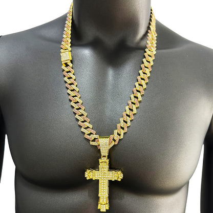 Hip-Hop Plus Size Large Pendant Full Rhinestones Double Layer Thickened Cross Hollow Buckle 14mm Wide Cuban Chain Necklace New Product Creative