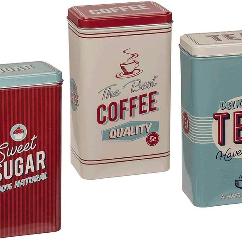 Almineez Retro Set of 3 Stainless Steel Tea Coffee Sugar Jar Canisters Kitchen Container Tins Storage Organiser Set Air Tight Vintage Design