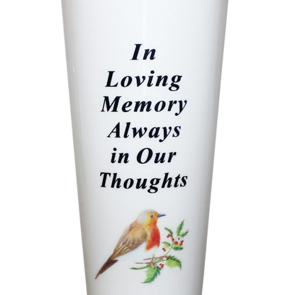 Set of 2 Memorial Grave Flower Pot - 33cm tall Sturdy White Memorial Graveside Flower Vase with Spike and Robin Image - In Loving Memory