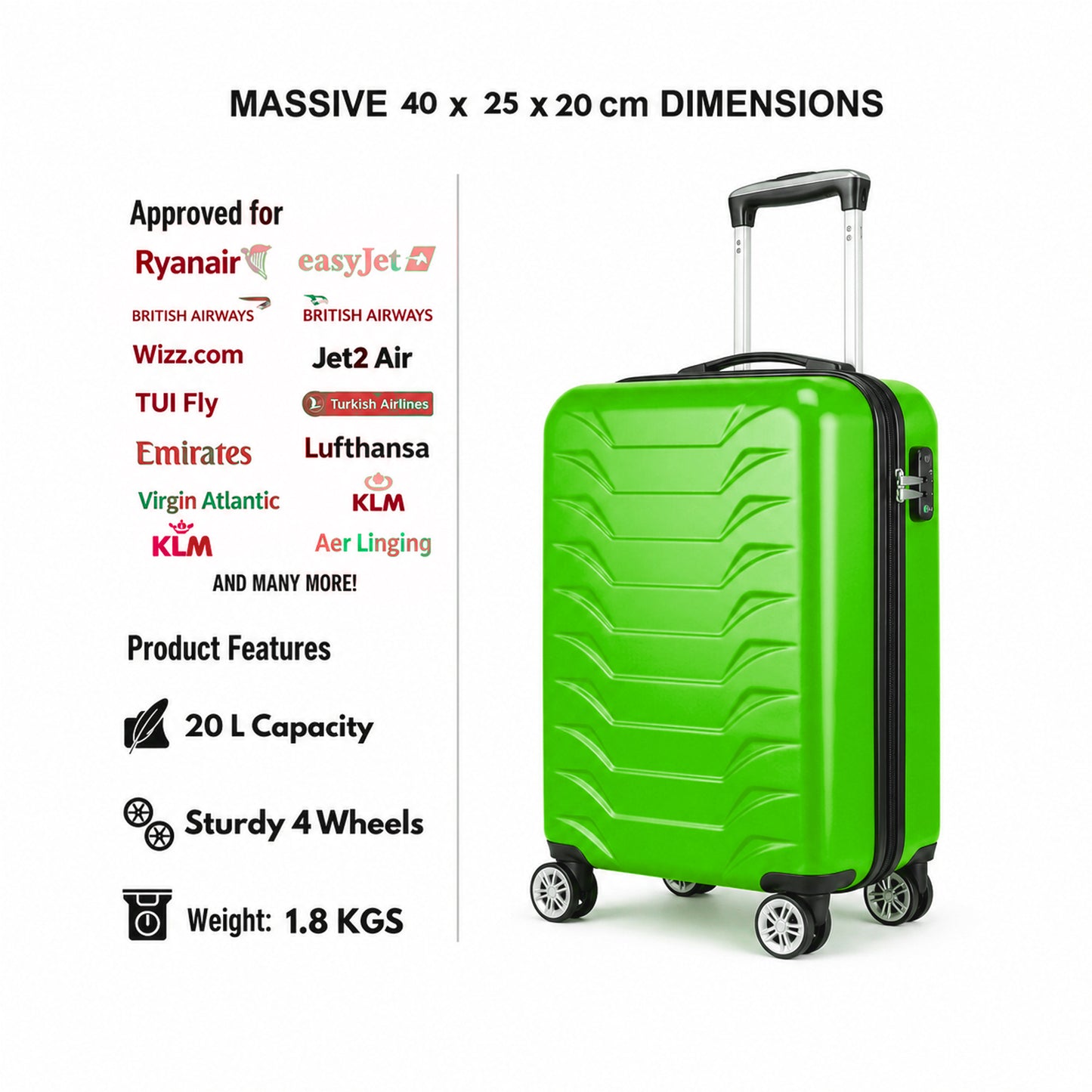 Direct Luggage Underseat Cabin Case 40 x 25 x 20 cm RyanAir Approved Size with Combination Lock and Detachable 360° Wheels T-HC-US-1627