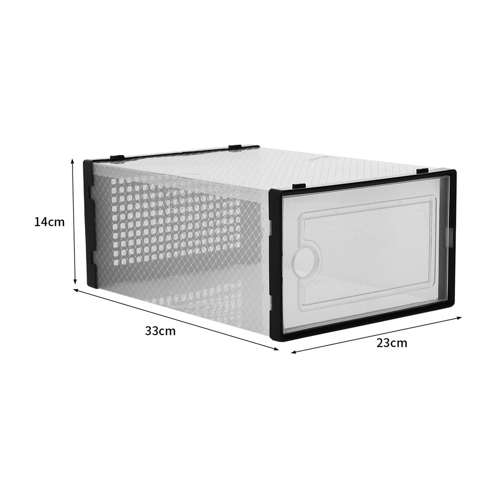 Folding Shoe Storage Box, 12 Pack Clear Transparent Shoe Storage Boxes Hard Plastic Stackable Organiser Containers Bins, DIY Easy Assembly, Sturdy & Durable, Space Saving, Black Door Frame, Foldable and Versatile for Sneakers, Fit up to UK Size 9.5
