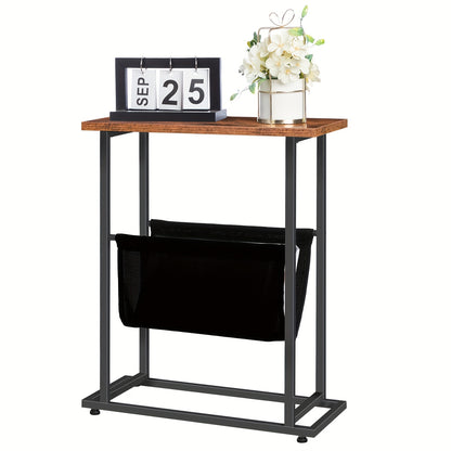 Narrow Side Table, Slim Bedside Table, Industrial Sofa Table with Magazine Organizer, Space Saver, Suitable for Living Room, Bedroom, Vintage Brown And Black