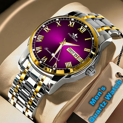 1pc FOURRON Brand New Trendy Fashion Men'S Quartz Watch Stainless Steel Strap with Day Date, Roman Numeral Disc Multi-Function Luminous Luxury Men'S Wristwatches, Friends And Relatives Birthday Gifts, Holiday Party Gifts Preferred Choice