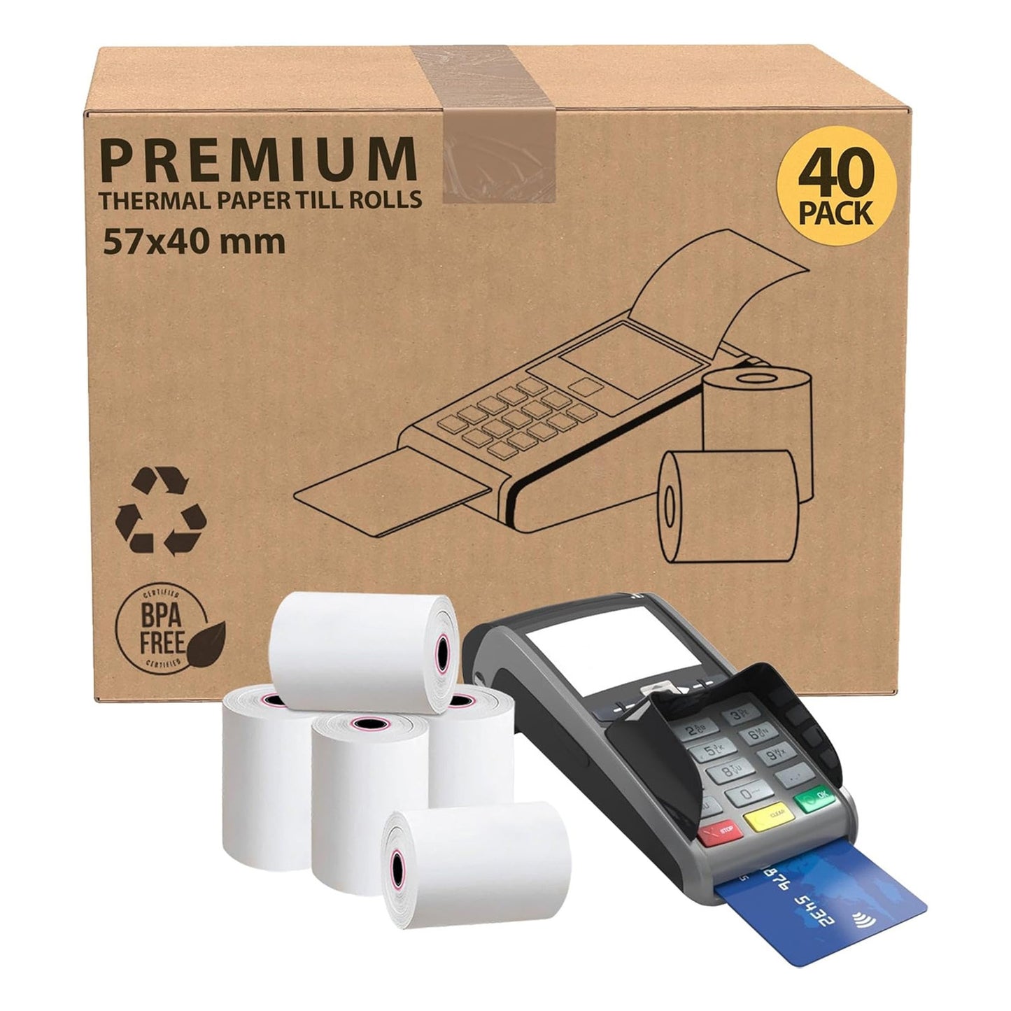 SOUL 57x40mm Thermal Till Rolls – 40-Pack Card Machine Paper Rolls for POS & PDQ Terminals