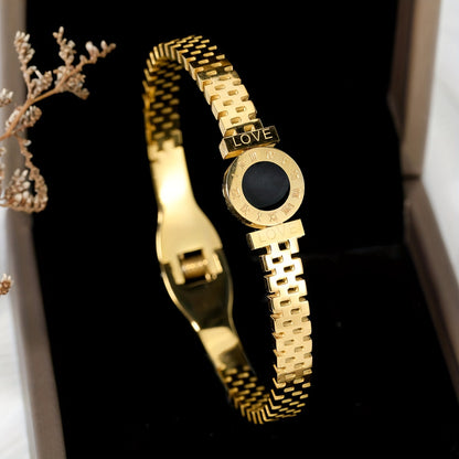 1pc Golden Men'S And Women'S Stainless Steel Bangle bangle bracelet Sparkling Strap Black Disc Roman Numeral Geometric Bangle bangle bracelet Fashion Men'S And Women'S Jewelry, Perfect Couple Friends Wedding Party Holiday Gift