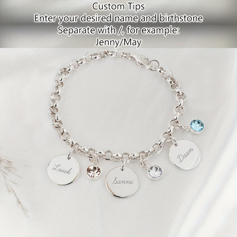 Self-Defined 1-6 Family Name and Birthstone Women's Fashion Bracelet, Personalized Custom Initial Letter and Birth Month Stone Women's Bracelet, 18K Gold Plated Golden-Plated 304L Stainless Steel Durable Material, Accessory Suitable for Daily Casual