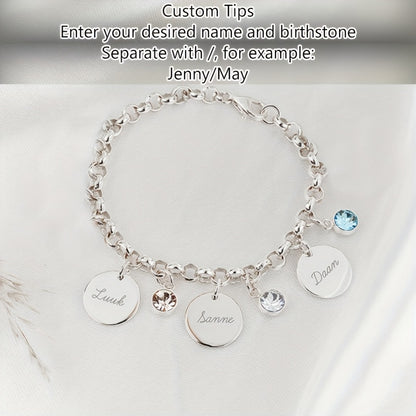 Self-Defined 1-6 Family Name and Birthstone Women's Fashion Bracelet, Personalized Custom Initial Letter and Birth Month Stone Women's Bracelet, 18K Gold Plated Golden-Plated 304L Stainless Steel Durable Material, Accessory Suitable for Daily Casual
