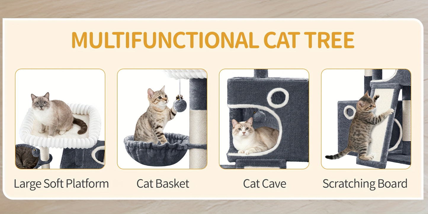 98cm Cat Tree, Cat Tower for Indoor Cats, Multi-Level Cats House Furniture with Scratching Post, 2 Caves, Large Platform, Scratching Ramp, Pompom, Light Grey