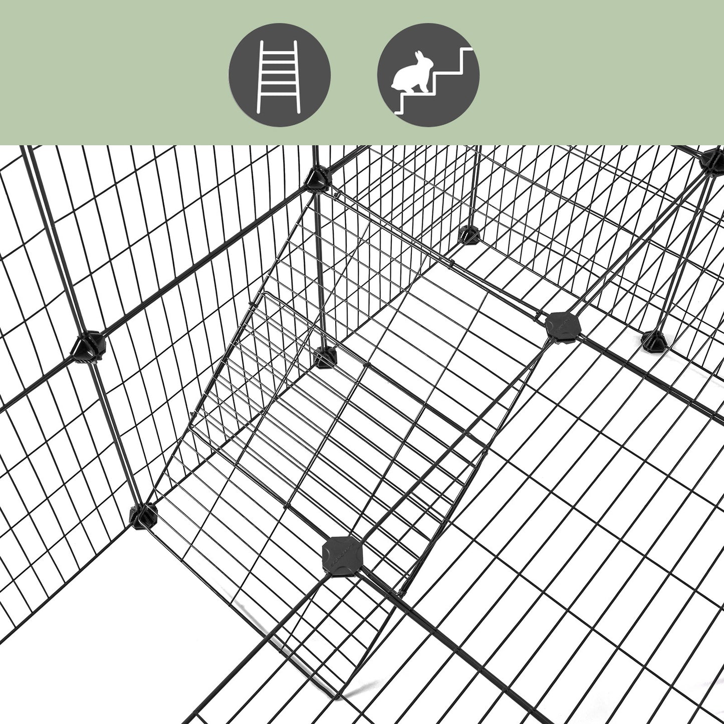 2-Floor Metal Pet Playpen, 36 Grid Panels, Customisable Cage Enclosure for Small Animals, Guinea Pigs Hamster Runs, Rabbit Hutches, Includes Mallet, Indoor, 143 x 73 x 71 cm, White/Black
