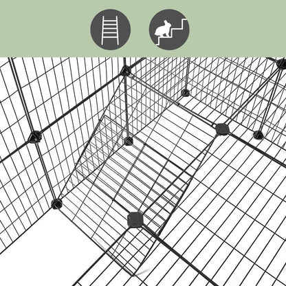 2-Floor Metal Pet Playpen, 36 Grid Panels, Customisable Cage Enclosure for Small Animals, Guinea Pigs Hamster Runs, Rabbit Hutches, Includes Mallet, Indoor, 143 x 73 x 71 cm, White/Black