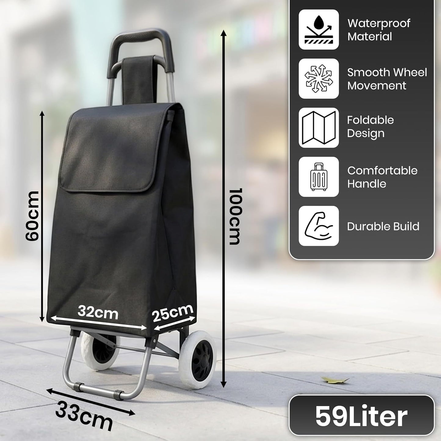 59L Folding Shopping Trolley on Wheels, Lightweight Foldable Grocery Cart with Large Waterproof Bag & Zipped Pocket for Grocery Shopping, Travel & Camping (Black)