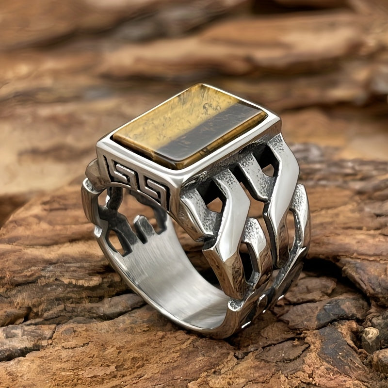 Men's Titanium Stainless Steel Retro Faux Gemstone Agate Stainless Steel Ring Durable Anti-allergic Men's Fashion Jewelry Anniversary or Birthday Gift Suitable for Daily Wearing