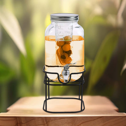 4L Glass Water Dispenser with Tap – Wide Mouth Drink Dispenser with Metal Wire Handle and Stand - Leak Proof Glass Juice Dispenser with Tap for Beverage, Cocktail and Drinks