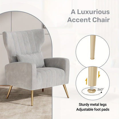 Velvet Armchair Wing Chair with Cushion & Pillow | Golden Metal Legs Padded Ergonomic Seat | Lounge Reading Reception Chair | Grey Beige Black | Living Room Bedroom Office