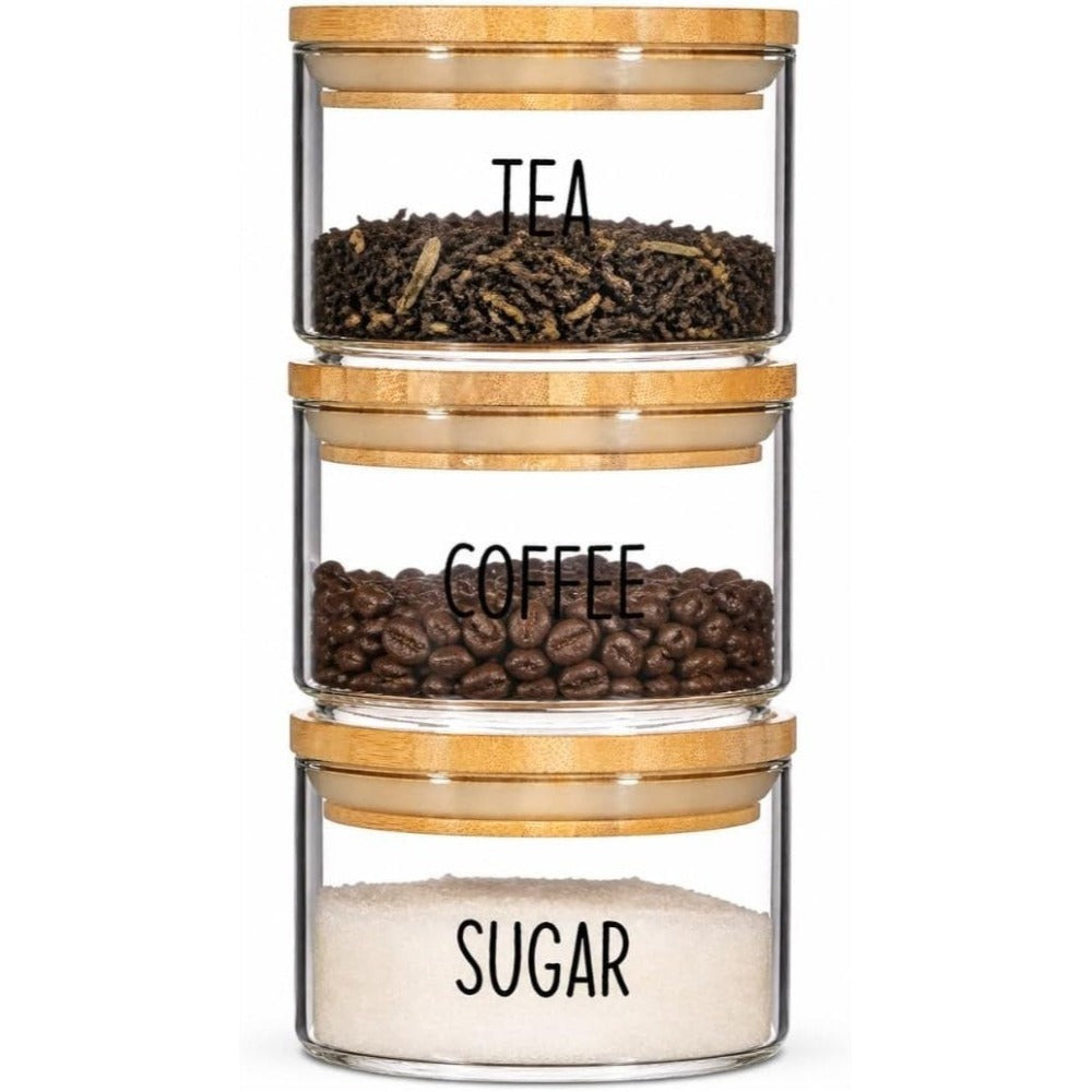 Stackable Glass Storage Jars with Airtight Bamboo Lids Set of 3 – Clear Kitchen Canisters for Tea, Coffee, Sugar & Pantry Organisation