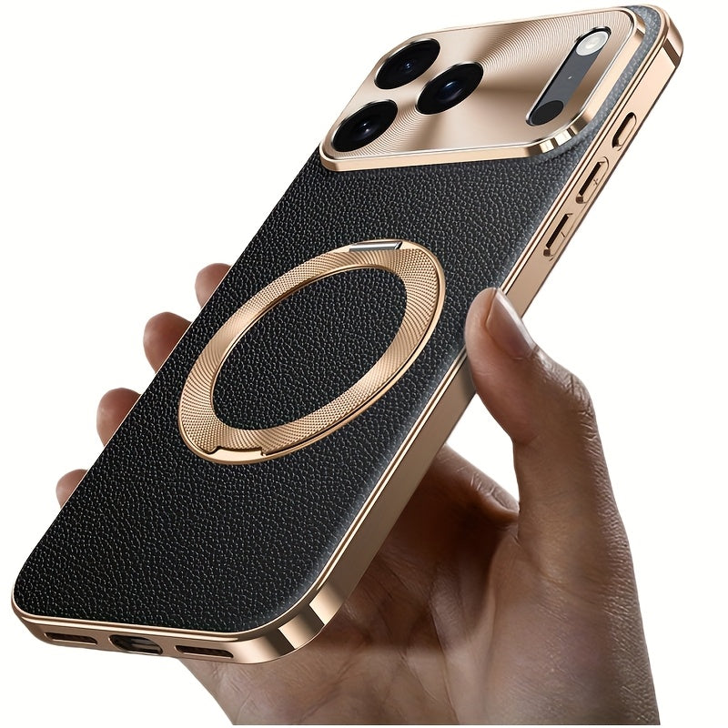 Phone Case - High-Quality Togo Real Leather Phone Case with Electroplating for Iphone 17, 16, And 15 Pro Max, Featuring Wireless Charging And a Magnetic Stand