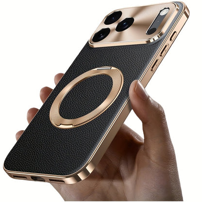 Phone Case - High-Quality Togo Real Leather Phone Case with Electroplating for Iphone 17, 16, And 15 Pro Max, Featuring Wireless Charging And a Magnetic Stand