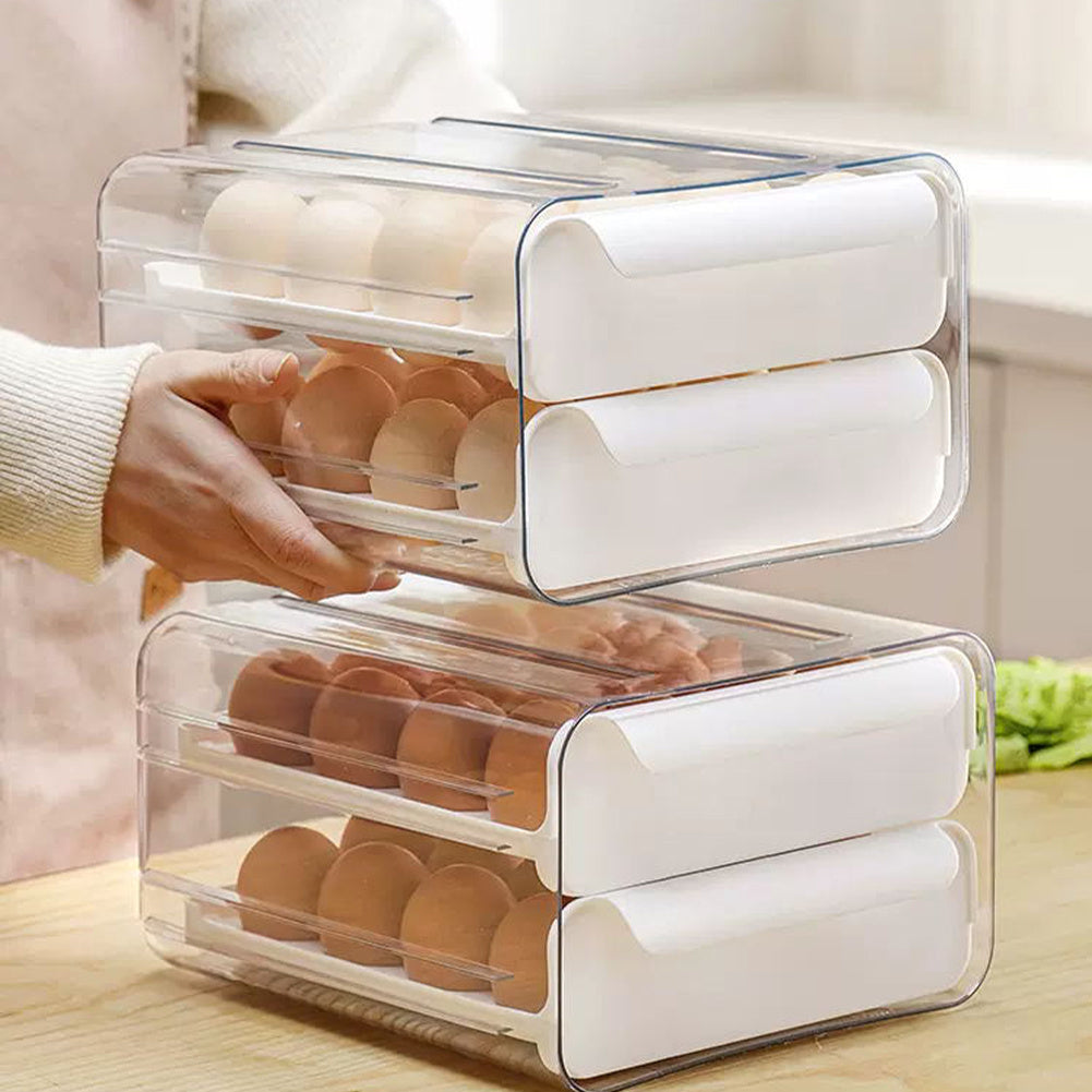 Egg Box for Refrigerator, Stackable Transparent Egg Storage Box, 32 Grid Egg Container, Double-Layer Kitchen Fridge Egg Drawer Boxes, White