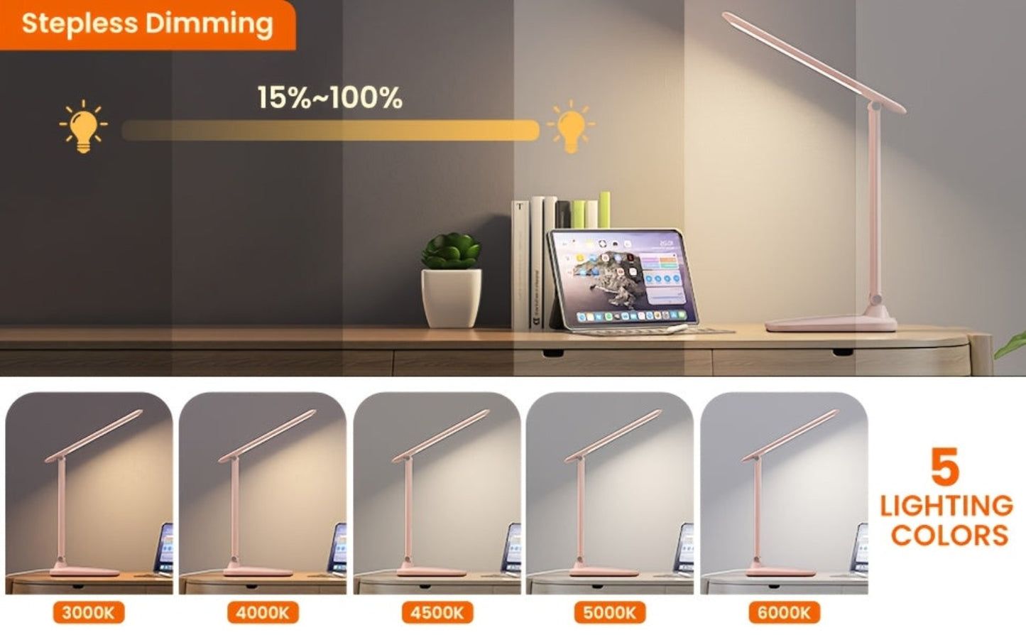 LED Desk Lamp 5 Colour Temperature Modes & Touch Dimmer – Flicker-Free Eye Protection, USB Powered with Timer, Study Reading Office Home Lamp