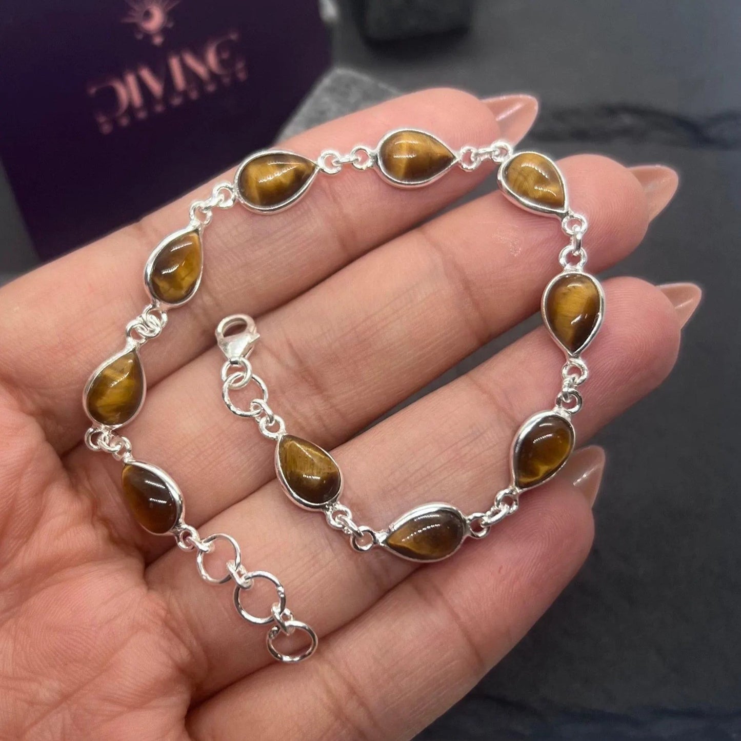 925 Sterling Silver Natural Gemstone Adjustable Bracelet ~ Teardrop Link Bracelet ~ Simple Elegant Jewelry