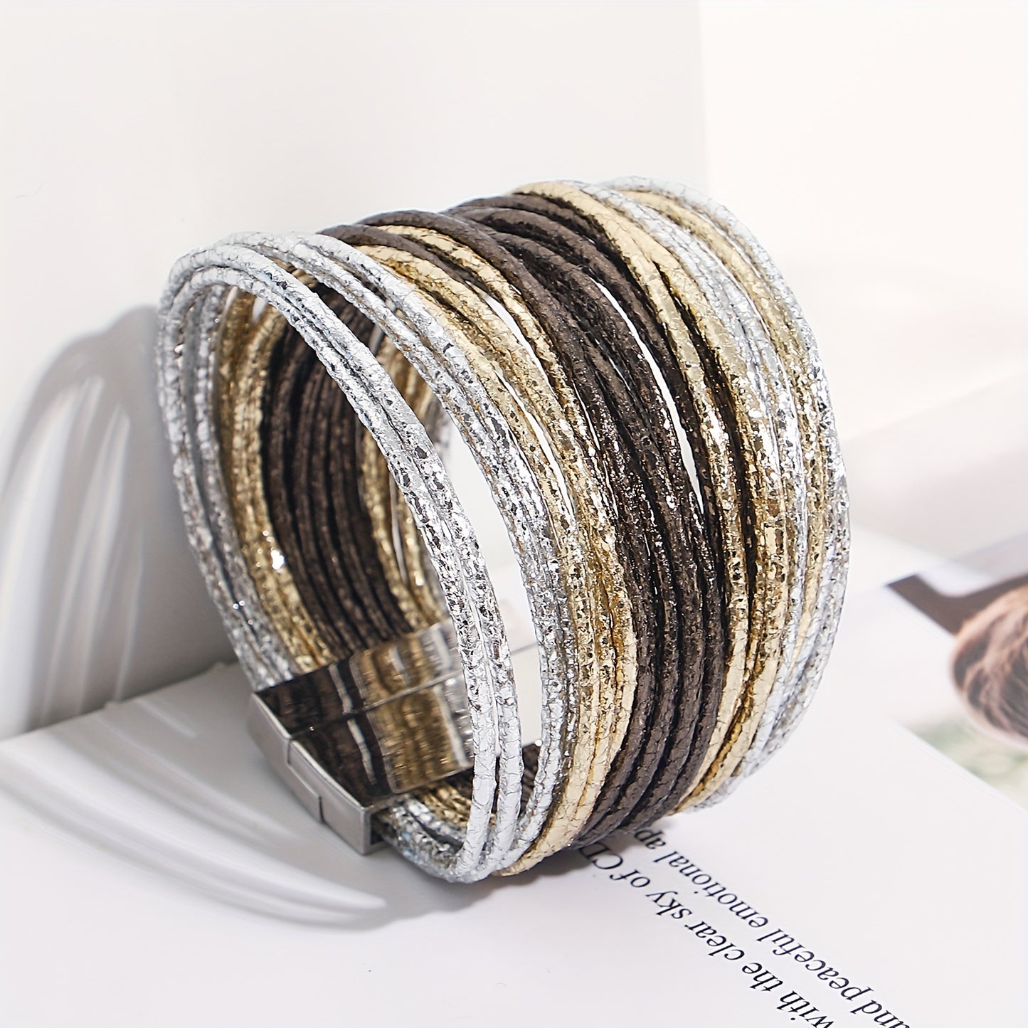1pc Slim Stripes Wide Multilayer Wrap Bracelet Metallic Shiny Glitter Artificial Leather Cuff with Magnetic Clasp Jewelry for Men Women Holiday Party Birthday Gifts