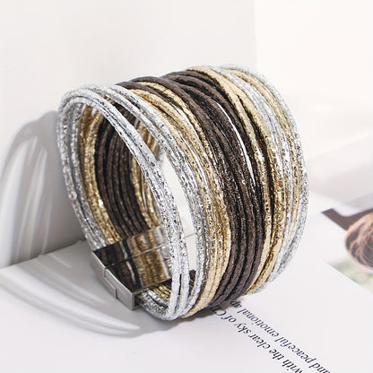1pc Slim Stripes Wide Multilayer Wrap Bracelet Metallic Shiny Glitter Artificial Leather Cuff with Magnetic Clasp Jewelry for Men Women Holiday Party Birthday Gifts