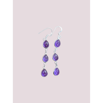 925 Sterling Silver Natural Gemstone 3 stone long Earring, Bezel Set Birthstone Ring, Perfect gift