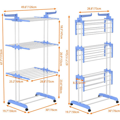 4 Tier Large Clothes Airer with Wings, Retractable Folding Drying Rack with Wheels for Indoor & Outdoor Use, 190 × 64 × 170 cm, Grey