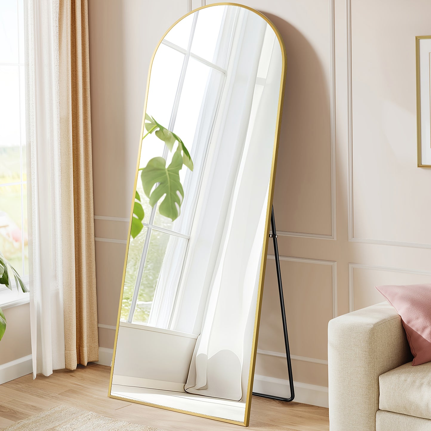 Full-Length Mirror with Curved Standing Frame - Mirror Suitable for Bedroom, Living Room, Dressing Room - Sturdy Tempered Glass & Aluminum Alloy Frame, Pale Golden