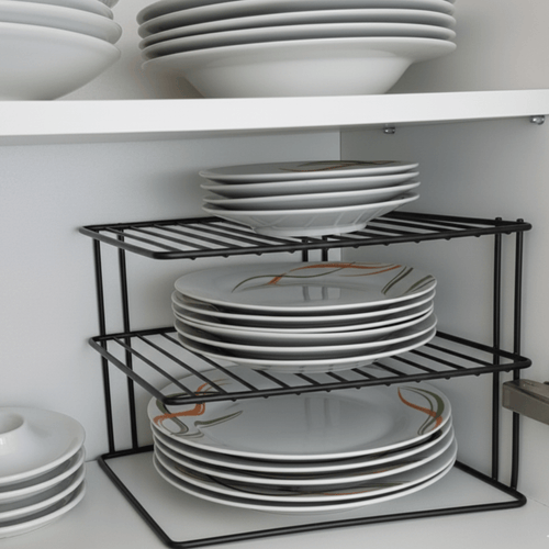 3 Tier White Corner Kitchen Plate Rack Tidy Cupboard Shelf Insert Organiser New