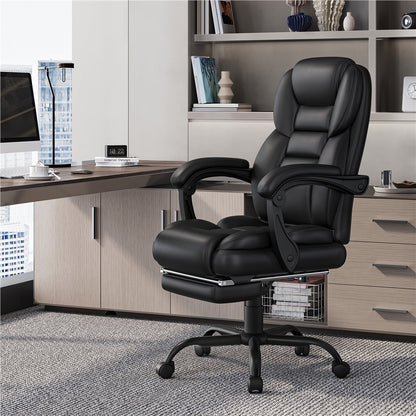 Costoffs Office Chair PU Leather, Height-Adjustable Upholstered Computer Chair, High-Back Reclining Executive Chair with Padded Armrests and Retractable Footrest Managerial Chair for Home Office Study Conference Room