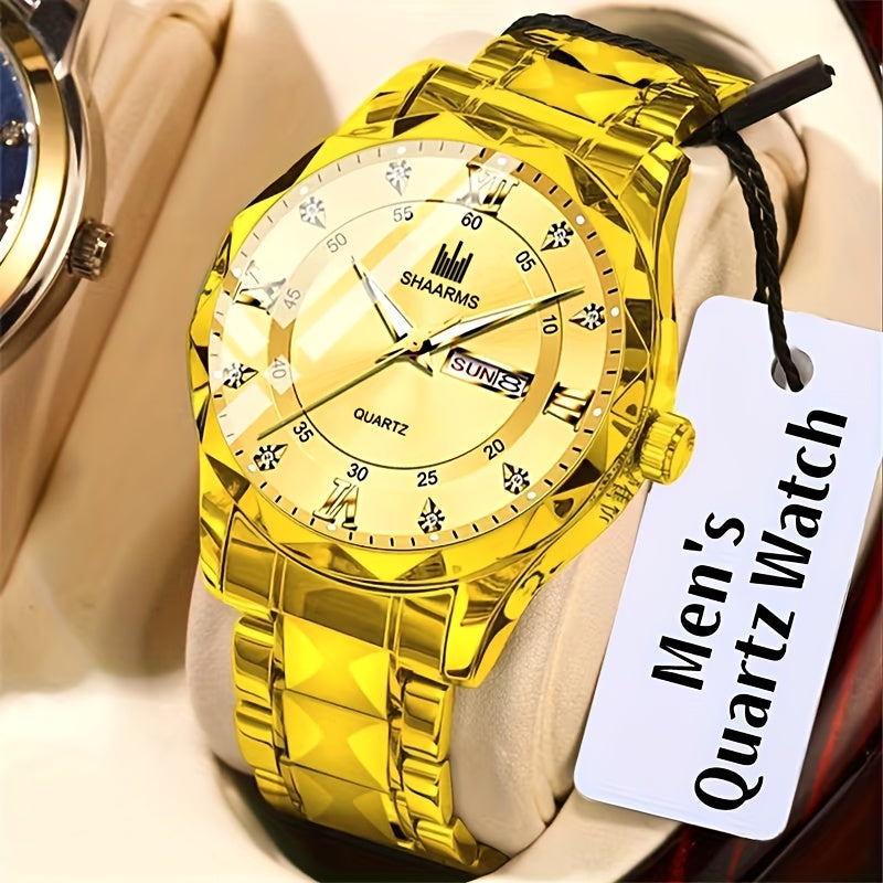1 New Stainless Steel Band Men'S Quartz Watch Roman Numeral Dial Inlaid with Rhinestones Date Calendar Trendy Fashion Easy Brand Luxury Luminous Sports Leisure Life Travel Business Multi-Function Watch Birthday Gift Holiday Gift Gift Ideal Choice