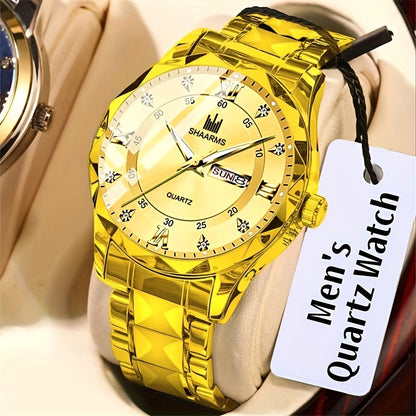 1 New Stainless Steel Band Men'S Quartz Watch Roman Numeral Dial Inlaid with Rhinestones Date Calendar Trendy Fashion Easy Brand Luxury Luminous Sports Leisure Life Travel Business Multi-Function Watch Birthday Gift Holiday Gift Gift Ideal Choice