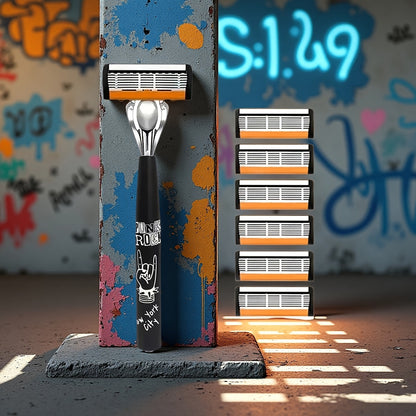 Hip-Hop Style Men'S Manual Razor with Orange And White Blade Color Scheme, Featuring Six Ultra-Sharp Blades. Each Set Includes 2 Premium Handles And 36 Replacement Blade Cartridges, Comes with a Cleaning Brush for Easy Maintenance And Repeated Use