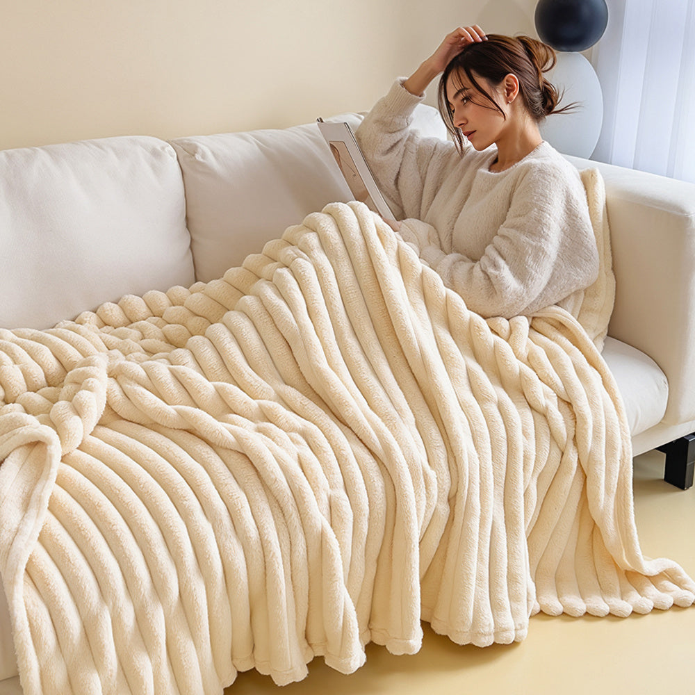 1pc Large Strips Ribbed Throw Blankets | Luxurious 270g Flannel Fleece Blanket | Warm Cozy Blanket Throws For Sofas, Bed, Chair, Couch, Settee | Super Soft Warm Blanket Single Double King Super King Size, Machine Washable, Easy Care, Perfect for Home, Tra