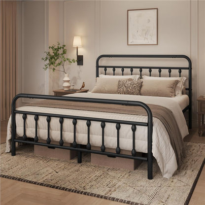 Costoffs Metal Bed Frame, Metal-Framed Bed, Bed Foundation, Metal Platform Bed, Vintage Iron Platform Bed with High Headboard and Footboard, Sturdy Iron Bed, Single/Double/King, White/Black/Pink