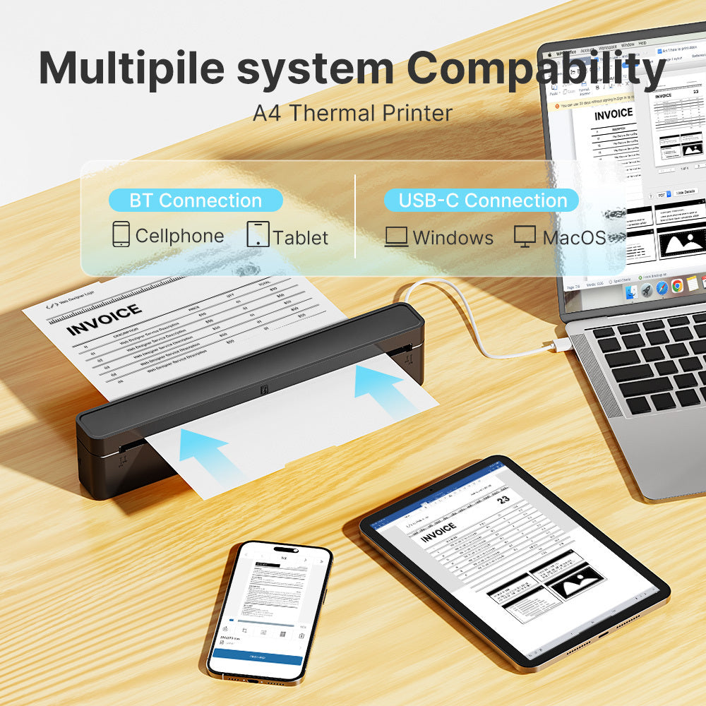 A10A Inkless Portable Printer, Wireless Thermal Printer for Travel, Wireless Mobile Printer for Phones And Laptops, Compatible with 8.5'' X 11'' US Letter And A4 Thermal Paper, Compact Printer for Office, Home, And School