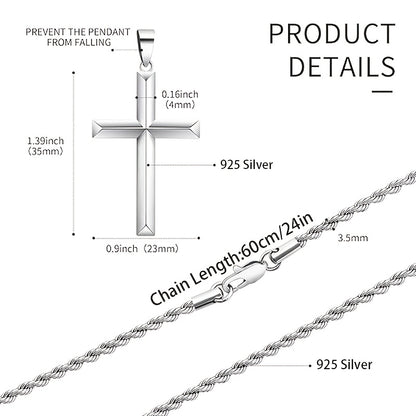 925 Sterling Silver Solid(Total Weight Of The Product (7g) Cut Beveled Edge Rope Chain Cross Pendant Necklace, Nickel And Lead Free- Stylish And Durable Design- Sterling Silver Construction- The Perfect Gift for All Occasions, Gift Box