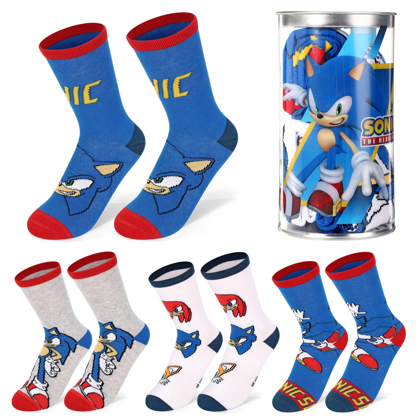 Sonic the Hedgehog 4 Pair Ankle Cotton Socks for Kids - Ideal Kids Children Gift - Packed in Round Money Piggy Bank Plastic Cylinder
