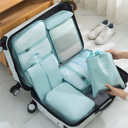Packing Cubes Set of 7 for Suitcase – Travel Organiser Bags for Clothes, Shoes, Toiletries & Accessories, Oxford Fabric Luggage Sorting Pouches for Holiday & Business Travel in Grey, Pink, Blue & Beige