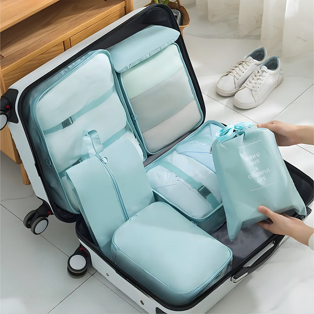 Packing Cubes Set of 7 for Suitcase – Travel Organiser Bags for Clothes, Shoes, Toiletries & Accessories, Oxford Fabric Luggage Sorting Pouches for Holiday & Business Travel in Grey, Pink, Blue & Beige