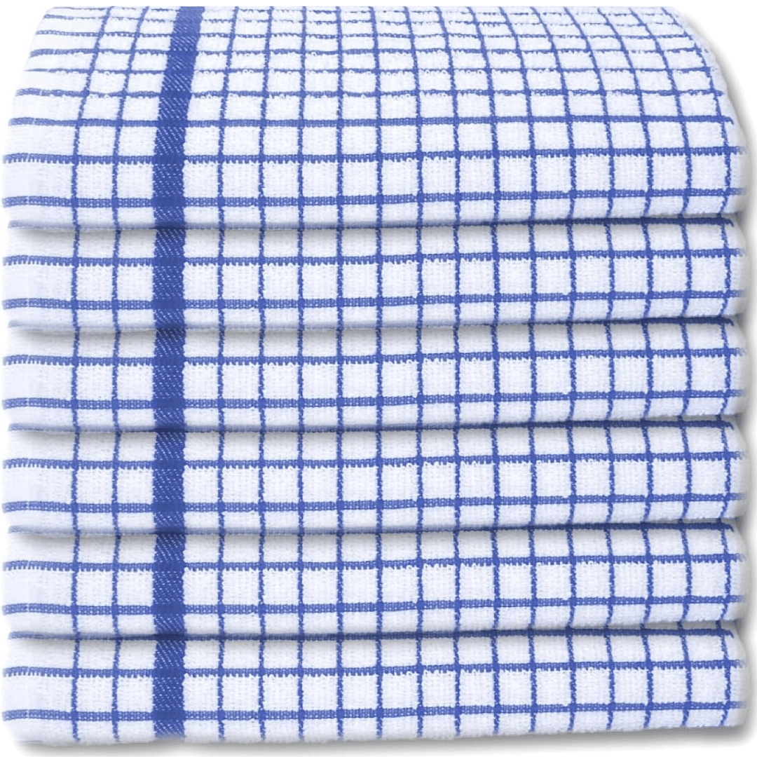 Pack of 6 Large Tea Towels 40x60cm – 100% Cotton Luxury Check Soft Kitchen Towels – Highly Absorbent Dish Cloths – Durable Washable Tea Towels for Drying Dishes, Cleaning, Cooking, Household, Restaurant, Bar, Café, Catering, Commercial & Professional Kitc