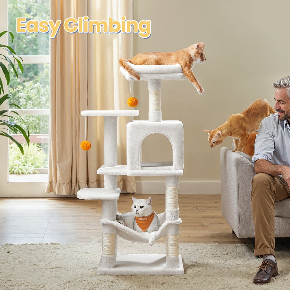 112cm Cat Tree Multi-Level Plush Tower Condo with 4 Scratching Posts, Hammock, Cave & Platforms – Stair-Step Design with Hanging Toys | Easy Assembly Indoor Cat Furniture | Pink White Beige Grey | UK