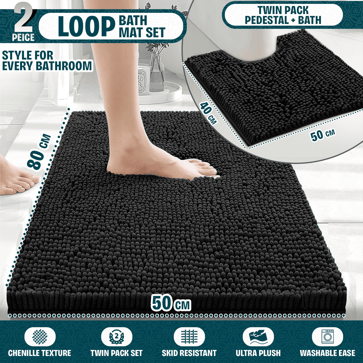 2-Piece Loop Bathroom Mat Set | Soft Chenille Microfiber Rugs with Non-Slip Backing | Machine Washable | Includes 50x80cm Bath Mat & 50x40cm Pedestal Mat | Stylish, Comfy & Durable | UK STOCK | LOCAL WAREHOUSE