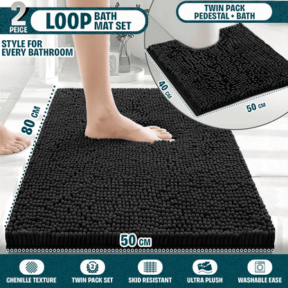 2-Piece Loop Bathroom Mat Set | Soft Chenille Microfiber Rugs with Non-Slip Backing | Machine Washable | Includes 50x80cm Bath Mat & 50x40cm Pedestal Mat | Stylish, Comfy & Durable | UK STOCK | LOCAL WAREHOUSE