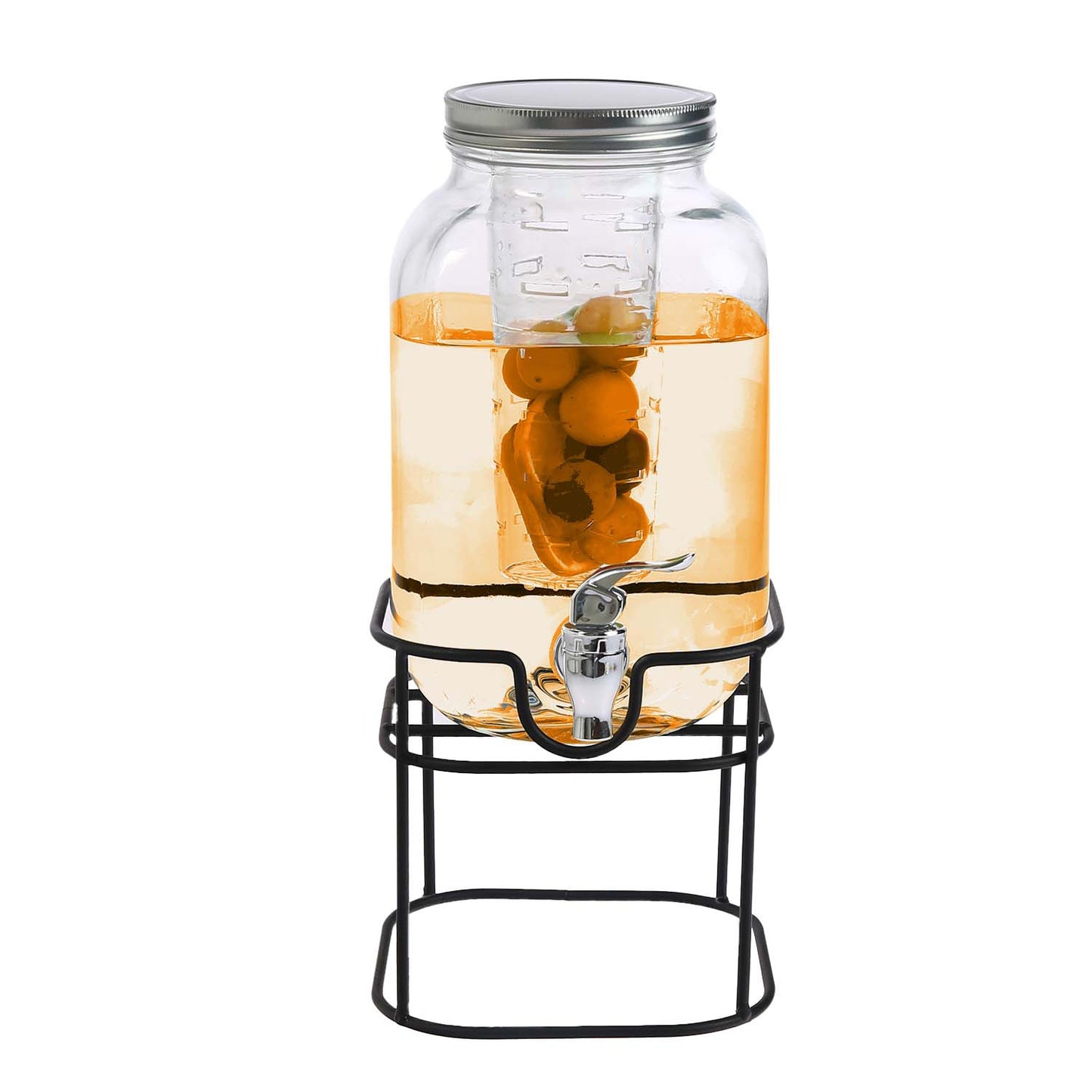 4L Glass Water Dispenser with Tap – Wide Mouth Drink Dispenser with Metal Wire Handle and Stand - Leak Proof Glass Juice Dispenser with Tap for Beverage, Cocktail and Drinks
