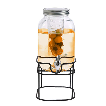 4L Glass Water Dispenser with Tap – Wide Mouth Drink Dispenser with Metal Wire Handle and Stand - Leak Proof Glass Juice Dispenser with Tap for Beverage, Cocktail and Drinks