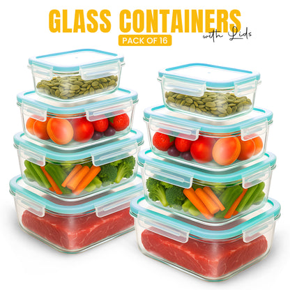 KICHLY Airtight Glass Food Storage Containers with Leakproof Lids – Square Meal Prep Containers with Silicone Seal – Oven, Freezer & Microwave Safe – Stackable Borosilicate Glass with Transparent Clip-Lock Lids