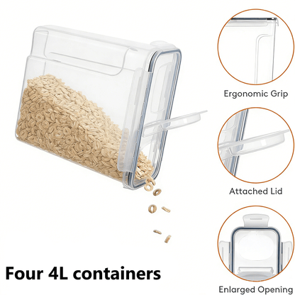 4L Or 2.5L, Leak-Resistant, And Reusable Food Storage Jars with Lids, (4 Jars And 4 Lids Included)Designed for Portability And Stacking, Suitable for Cereals, Snacks, Tea, And Pasta, Includes Labels And Markers, Ideal for Kitchen Use